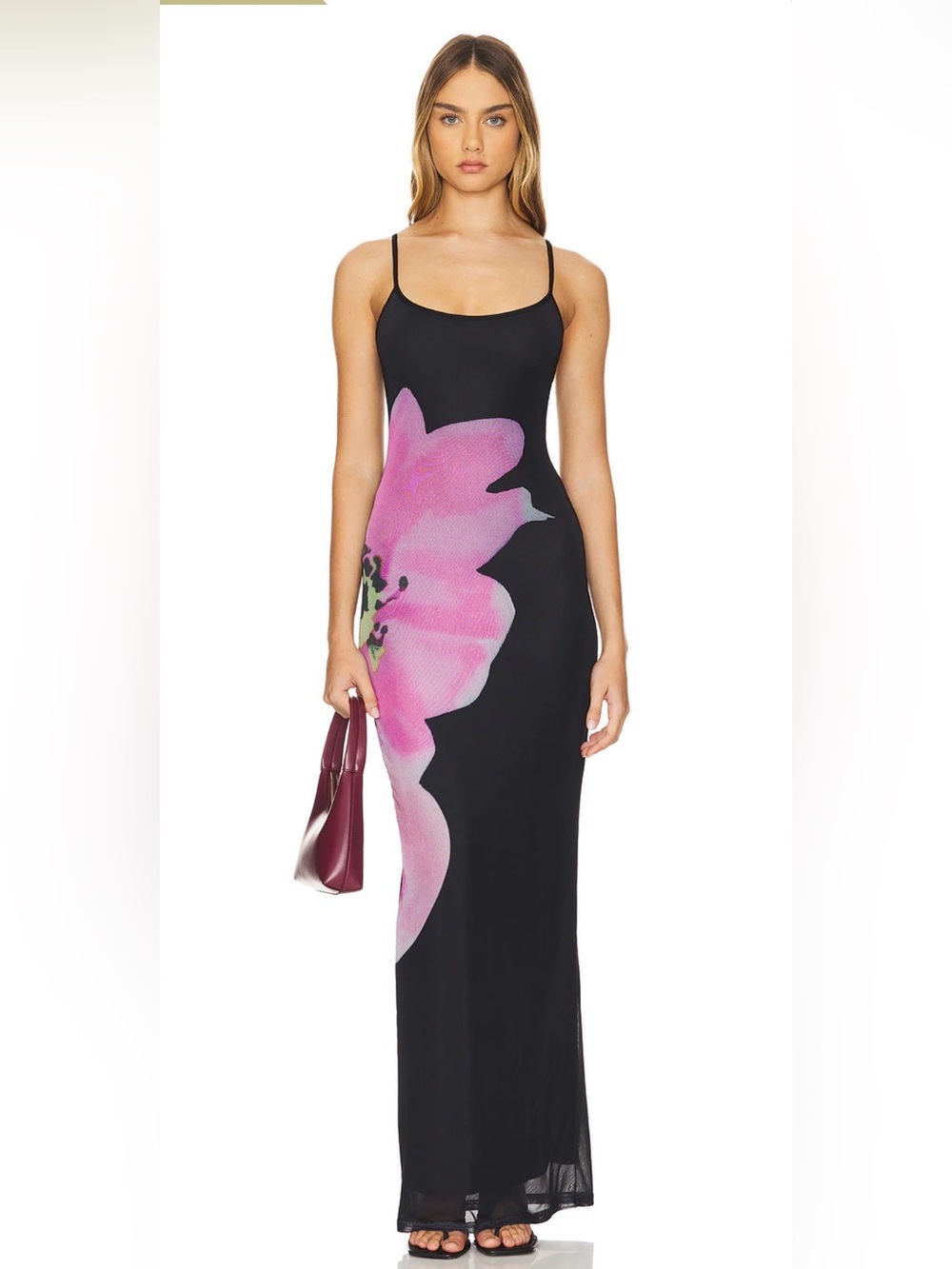 Black Maxi Dress with Pink Floral Accent
